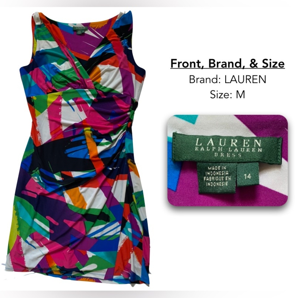 LAUREN by Ralph Lauren multicolor, semi-formal, faux-wrap dress; Size: 14